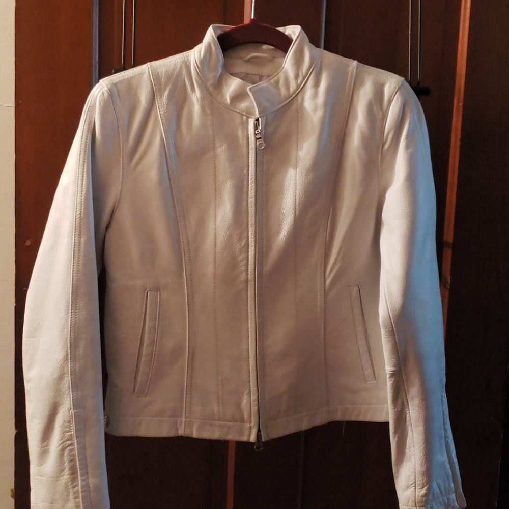 White womens leather coat